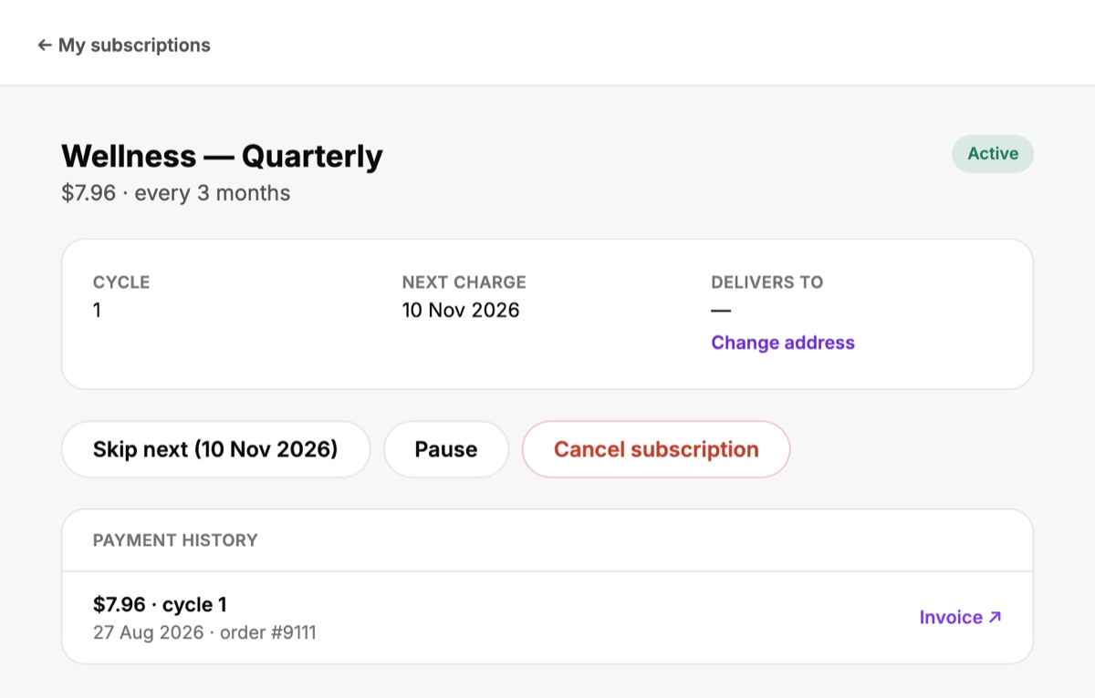 The customer portal showing a quarterly subscription, its next charge date, a change-address link and skip, pause and cancel buttons.